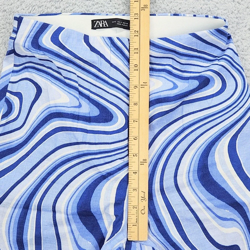 ZARA Womens Linen Blend Pants Sz S Split Hem Blue White Swirl Print Retro Wide
